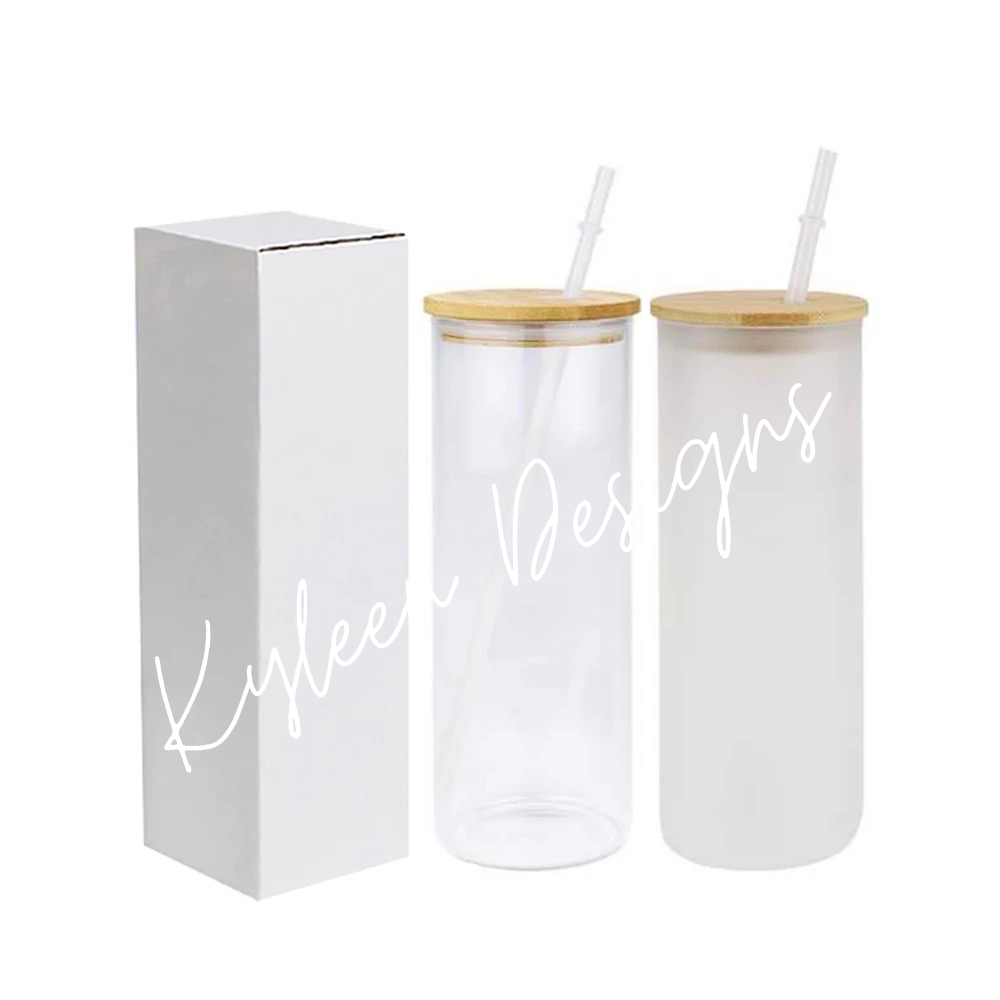 15oz Clear/Frosted Sublimation Glass Tumbler with Handle & Bamboo Lid